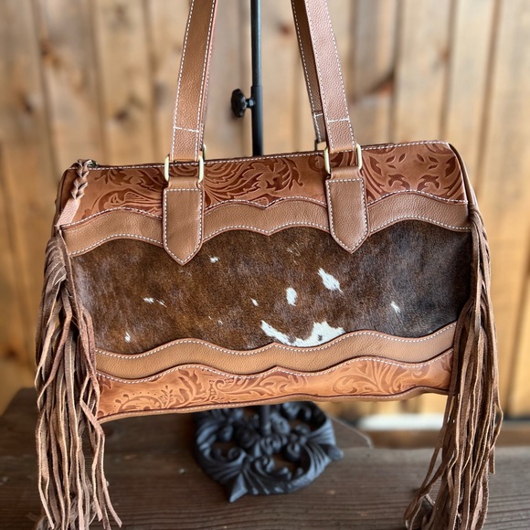 NEW Western Genuine Embossed Leather Cowhide Fringe Tassel Tan fall winter gift - Picture 9 of 13